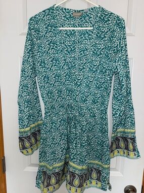 Athleta Teal and White Printed Swim Coverup with Paisley Border